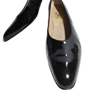 Ferragamo Black Patent Leather Pumps – Size 9.5 AAAA Narrow – Classic Block Heel